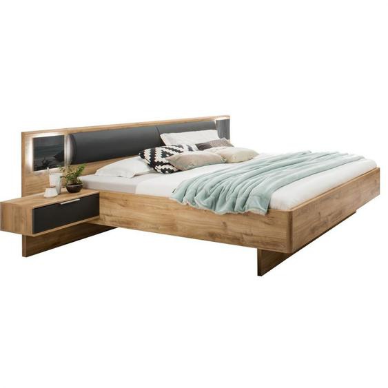 Lit futon AURELIA chêne poutre 160 x 200 cm + éclairage + chevets + coussin