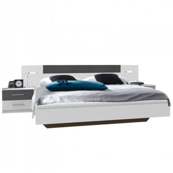 Lit futon avec chevets et éclairage Led ANGIE couchage 140 x 200 cm blanc et graphite