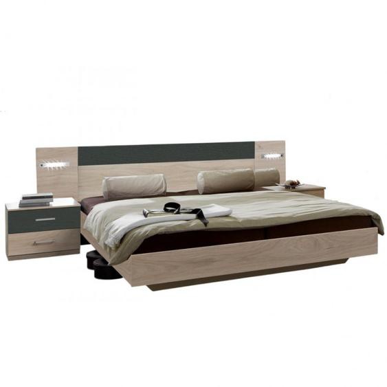 Lit futon avec chevets et éclairage Led ANGIE couchage 140 x 200 cm chêne hickory et graphite