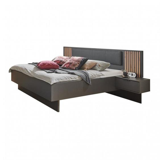 Lit futon PRISMA graphite rechampis lamelles imitation chêne artisan 160 x 200 cm + chevets + coussin