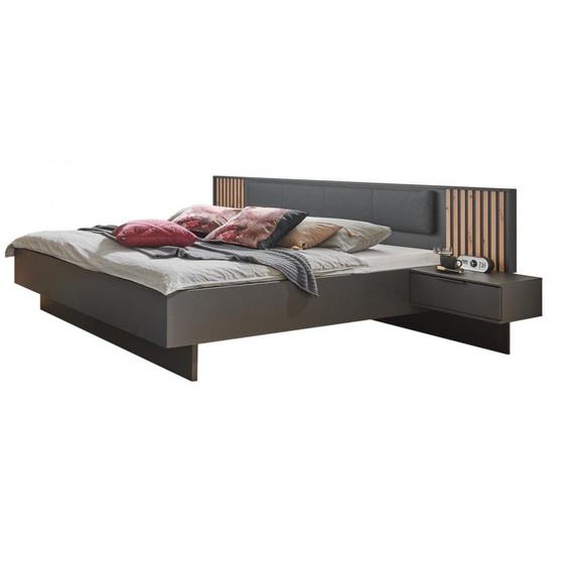 Lit futon PRISMA graphite rechampis lamelles imitation chêne artisan 180 x 200 cm + chevets + coussin