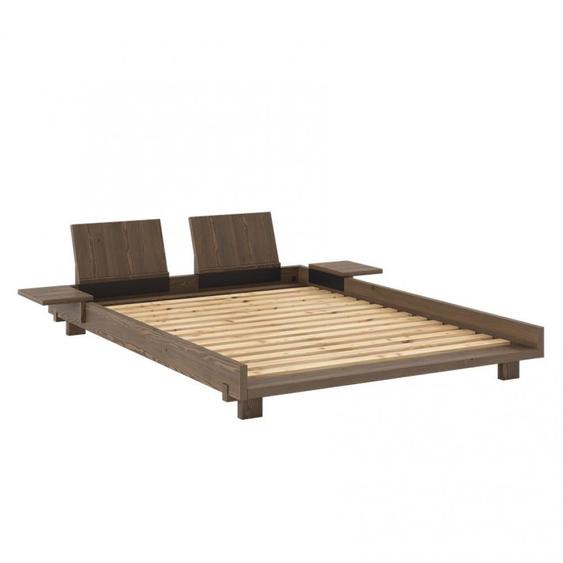 Lit futon SOCIAL pin laqué brun caroube couchage 140x200 cm avec 2 dossiers et 2 tables dappoints