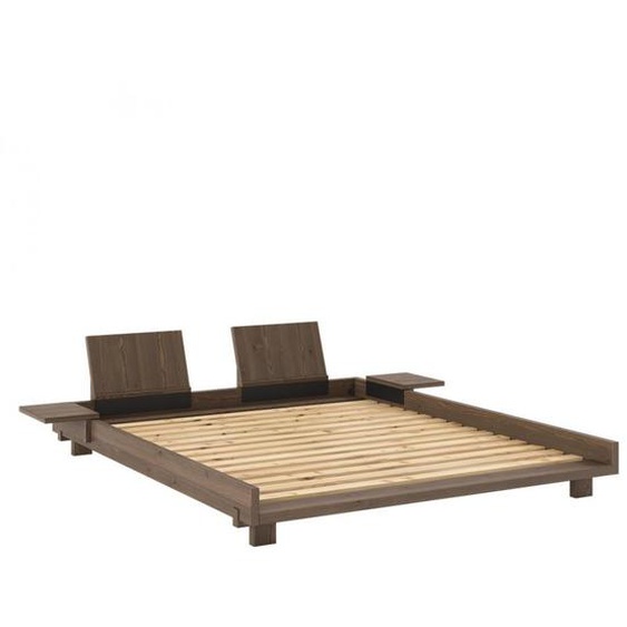 Lit futon SOCIAL pin laqué brun caroube couchage 160x200 cm avec 2 dossiers et 2 tables dappoints