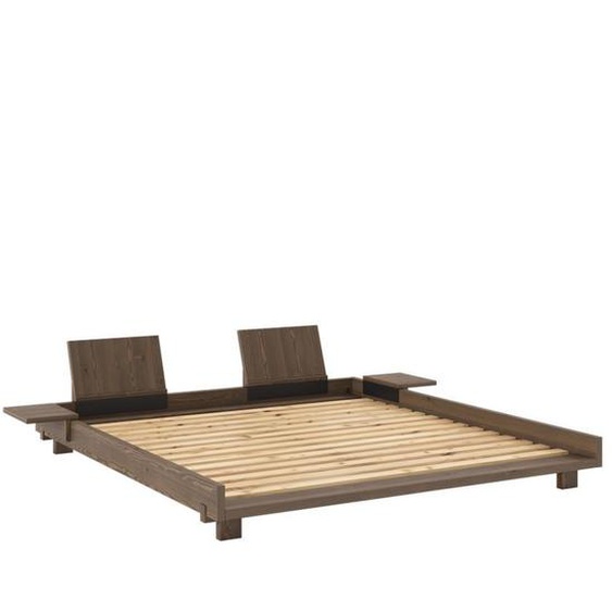 Lit futon SOCIAL pin laqué brun caroube couchage 180x200 cm avec 2 dossiers et 2 tables dappoints