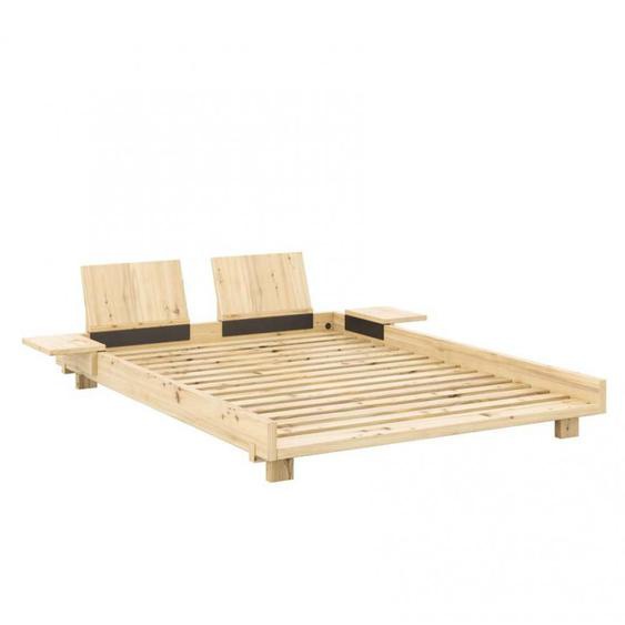 Lit futon SOCIAL pin laqué naturel couchage 140x200 cm avec 2 dossiers et 2 tables dappoint