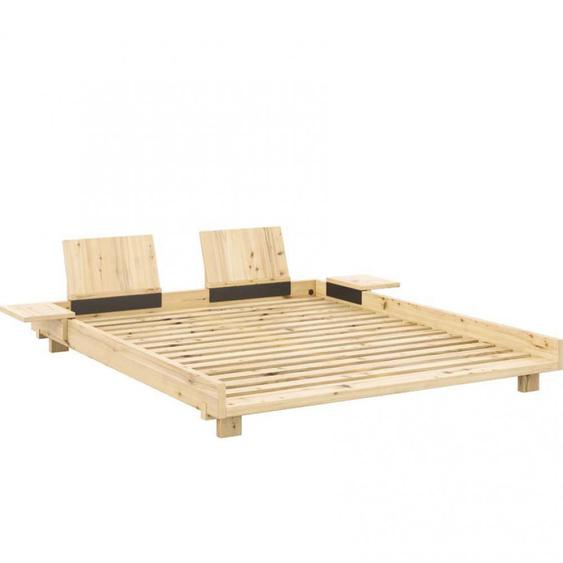 Lit futon SOCIAL pin laqué naturel couchage 160x200 cm avec 2 dossiers et 2 tables dappoint