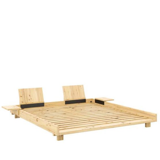 Lit futon SOCIAL pin laqué naturel couchage 180x200 cm avec 2 dossiers et 2 tables dappoint