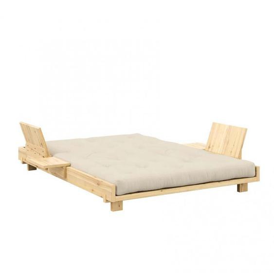 Lit futon SOCIAL SOFA pin laqué naturel couchage 140x200 cm avec 2 dossiers et 2 tables dappoint matelas beige