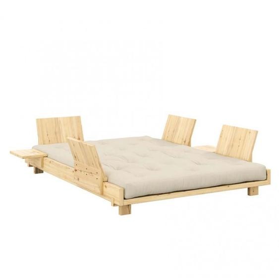 Lit futon SOCIAL SOFA pin laqué naturel couchage 140x200 cm avec 4 dossiers et 2 tables dappoint matelas beige