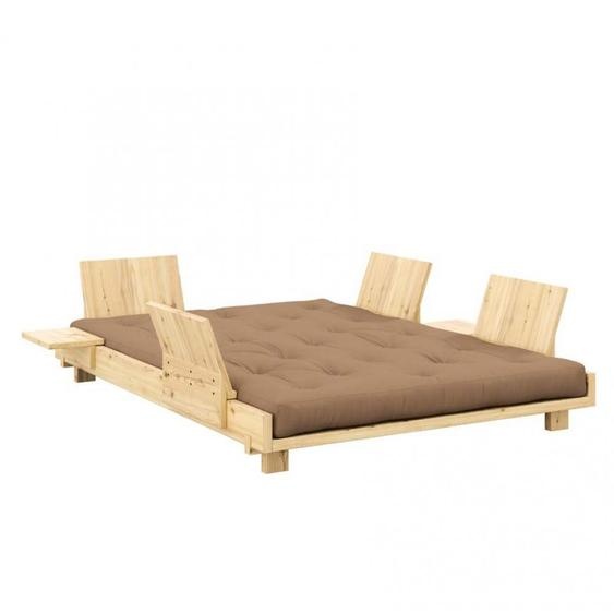 Lit futon SOCIAL SOFA pin laqué naturel couchage 140x200 cm avec 4 dossiers et 2 tables dappoint matelas moka