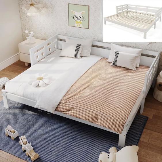 Lit gigogne – 90/180×190 cm Lit simple/Lit double Lit de repos, pin massif, avec deuxième lit et cadre de lit rabattable, blanc