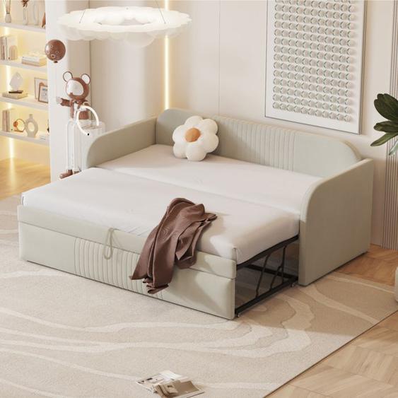 Lit gigogne 90/180x190cm, canapé-lit gigogne, multifonctionnel Lit rembourré, tissu en lin, avec sommier à lattes, beige
