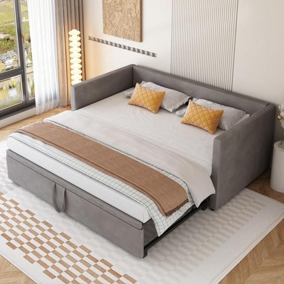 Tanant - Lit gigogne 90/180x200cm, lit capitonné canapé-lit extensible avec sommiers à lattes, lit multifonctionnel style moderne, velours - gris