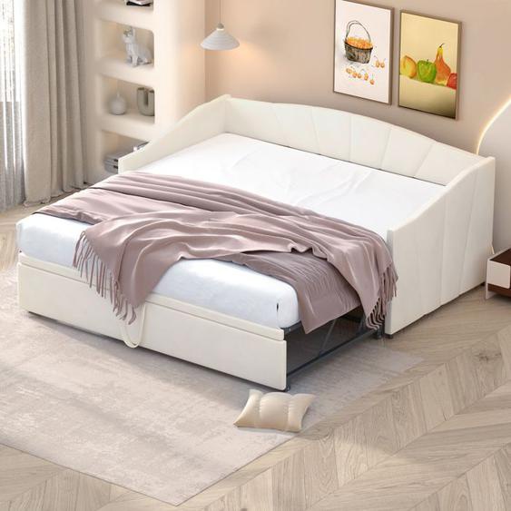 Lit gigogne 90/180x200cm, lit de jour extensible avec lit escamotable, canapé-lit rembourré, beige