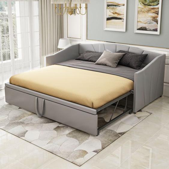 Lit gigogne 90/180x200cm, lit de jour extensible avec lit escamotable, canapé-lit rembourré, gris