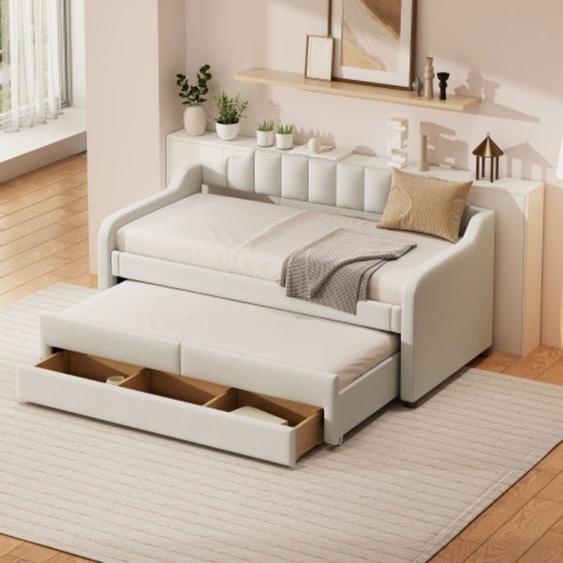 Lit gigogne 90 cm x 200 cm, canapé dépliant rembourré, canapé convertible avec tiroirs, lin - beige