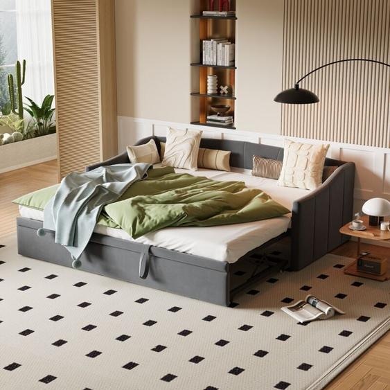 Lit gigogne 90x180/200cm, canapé lit convertible, sommier à lattes, lit banquette 2 places, lit adulte Style Scandinave, Velours, Gris