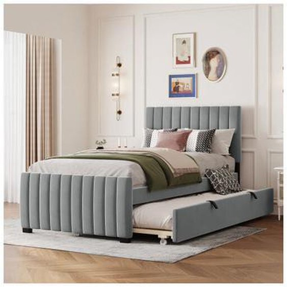 Lit gigogne 90x190 cm, lit capitonné, tissu velours doux pour la peau, sans matelas, gris