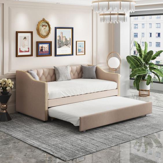 Lit gigogne 90x200 cm avec roulettes,Canapé-Lit extensible avec sommier à lattes, 2 in 1 Lit Simple, Lit Banquette,2 place,Lin