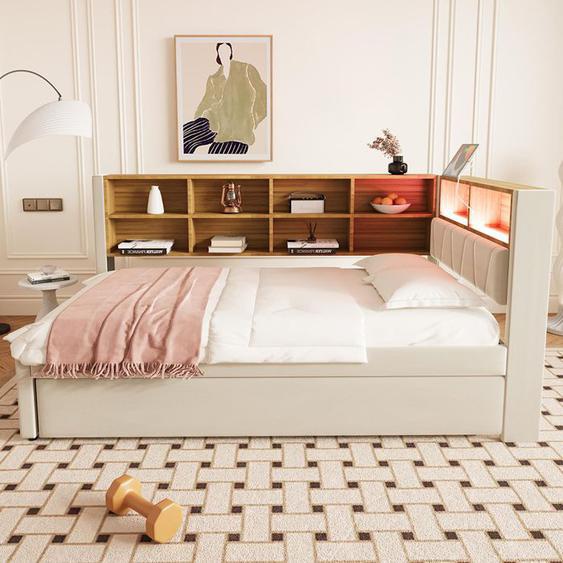 Lit gigogne 90x200 cm et 90x190 cm Canapé-lit avec prise USB et compartiments de rangement - SWEIKO - Beige