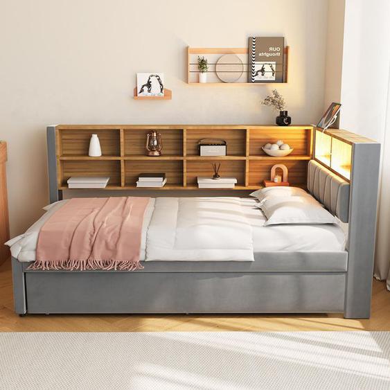 Lit gigogne 90x200 cm et 90x190 cm Canapé-lit avec prise USB et compartiments de rangement - SWEIKO - Gris foncé