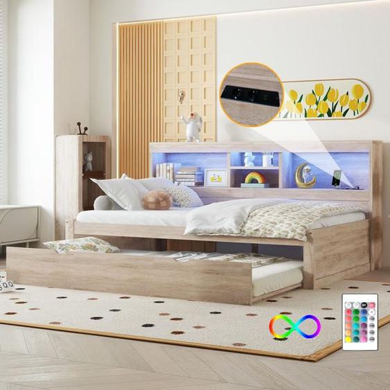 Lit gigogne 90x200cm Lit de repos Lit enfant bois avec éclairage LED 4 compartiments 2 Ports USB et sommiers à lattes