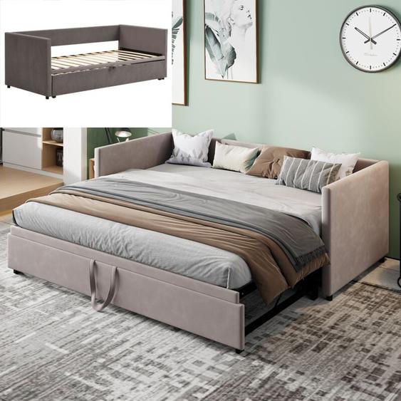 Lit gigogne capitonné, 90x200 cm/180x200 cm, avec canapé-lit extensible, sommier à lattes en bois, lit double en velours - Gris