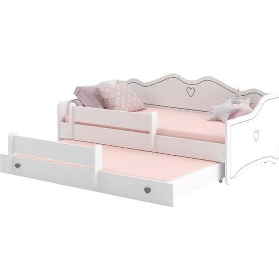 Lit gigogne double enfants EMMA 80x160 avec 2 matelas, 2 sommiers, blanc/gris