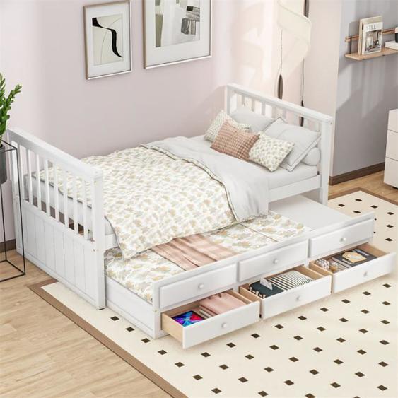 Lit gigogne - DREAMMESPACE - 90x200cm - Bois massif - Blanc - 3 tiroirs de rangement