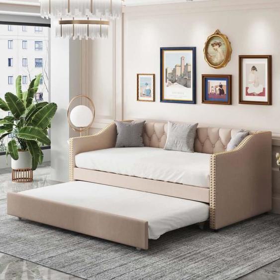Lit gigogne en bois de pin massif 200x90cm - MODERNLUXE - Sommier à lattes - Beige