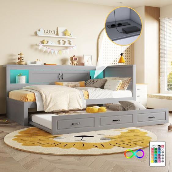 Lit gigogne enfant 90x200cm Canapé lit Lit simple en bois avec Ports USB Rangement Lumière LED et Sommiers à lattes