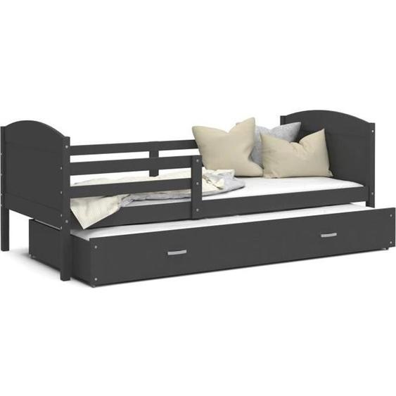 Lit Gigogne Mateo 90x190 gris-gris avec sommier, tiroir et matelas de 7cm OFFERT