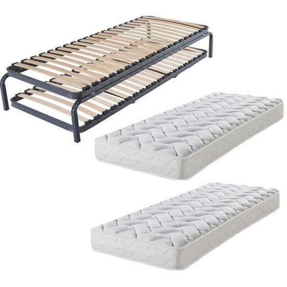Lit gigogne métal + matelas 80x190 - 20 lattes bois - Gain de place - Made in France