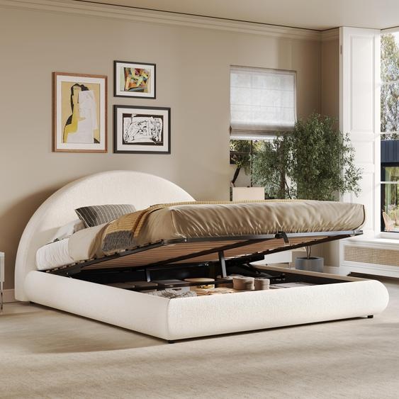 Lit hydraulique avec sommier à lattes, dimensions 160x200 cm, avec espace de rangement. Lit double classique avec revêtement bouclé, de couleur blanche