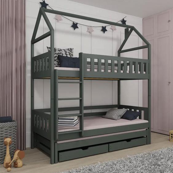Lit IGA superposé avec 3 couchages pour chambre enfant - Graphite - 90 cm x 190 cm - Pin Massif