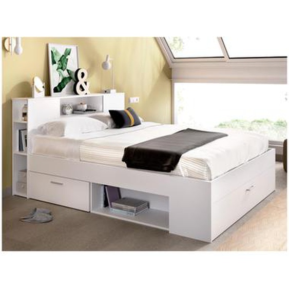 Lit LEANDRE avec tête de lit rangements et tiroirs - 140x190cm - Coloris : Blanc