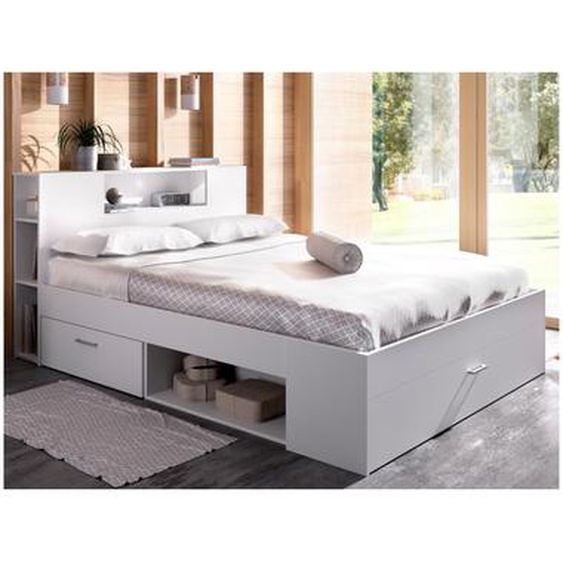Lit LEANDRE avec tête de lit rangements et tiroirs - 160x200cm - Coloris : Blanc