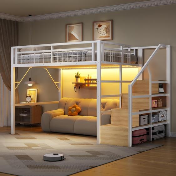 Lit mezzanine 140 x 200 cm avec bande lumineuse LED – structure en fer blanc, escalier avec espace de rangement, sommier à lattes inclus, matelas non fourni