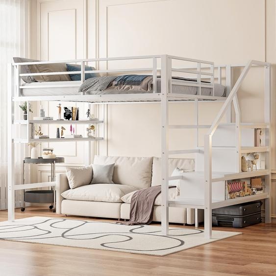Lit mezzanine, 140 × 200 cm, avec étagères, échelle avec rangement, espace libre sous le lit pour lhabillage et la balustrade, sans matelas, blanc