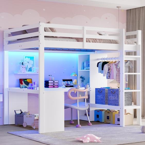 Lit mezzanine 140 x 200 cm avec étagères multifonctions et bureau sous le lit – Lit en bois blanc, avec éclairage LED et port USB, pour chambre denfant et dadolescent