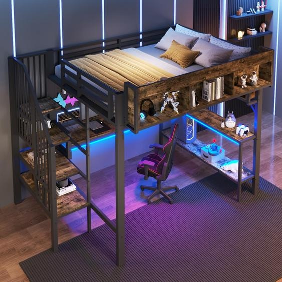 Lit mezzanine 140 x 200 cm en métal avec bureau dangle et prise électrique dans le rangement à LED, style vintage robuste, marron-noir, sans matelas