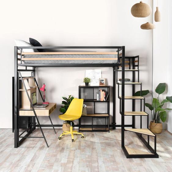 Lit mezzanine 2 places, Sommier inclus - 140 x 200 cm, Métal noir et effet chêne, Style industriel (Matelas non inclus) - Meubles Cosy