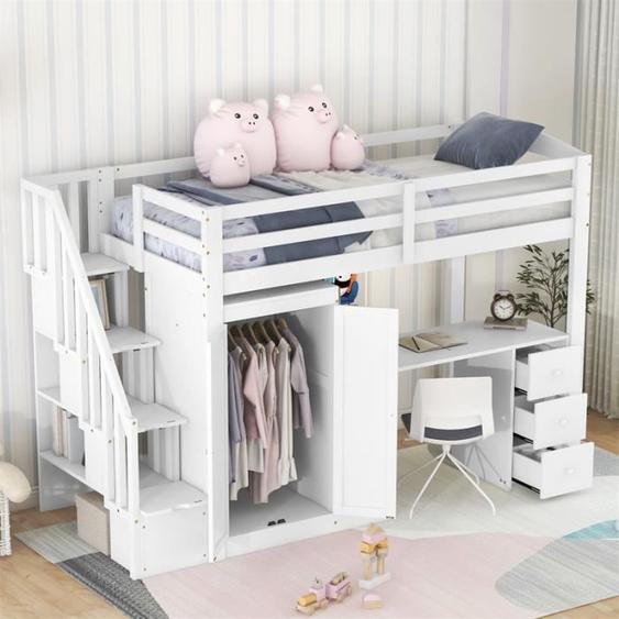 Lit mezzanine - DREAMMESPACE - 90 x 200 cm - Blanc - Bureau intégré - Avec tiroirs et armoire
