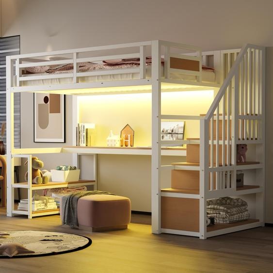 Lit mezzanine 90 x 200 cm avec bande lumineuse LED et prise électrique – Structure en fer blanc, échelle de rangement, étagères et table, barrière de sécurité design