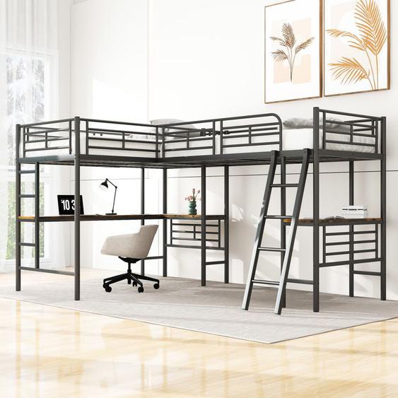 Lit mezzanine, 90 x 200 cm, lit superposé, avec table et échelle, lit enfant pour 2 enfants, cadre de lit en métal, Noir