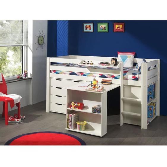 Lit mezzanine 90x200 cm + bureau + bibliothèque + commode - PINO - Blanc - Avec tiroirs - Bois massif