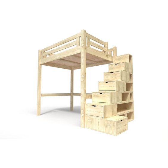 Lit Mezzanine adulte bois 120x200 Alpage hauteur réglable + escalier cube