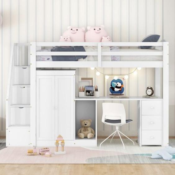Lit mezzanine avec armoire et escalier, bureau, tiroirs et étagères intégrés, en pin, sans matelas, blanc, 90 x 200cm-HAUSS SPOLE