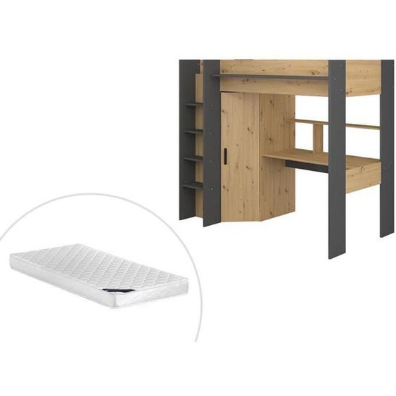 Lit mezzanine avec bureau et armoire - Auckland - Chêne et Anthracite - 90x200 cm - VENTE-UNIQUE