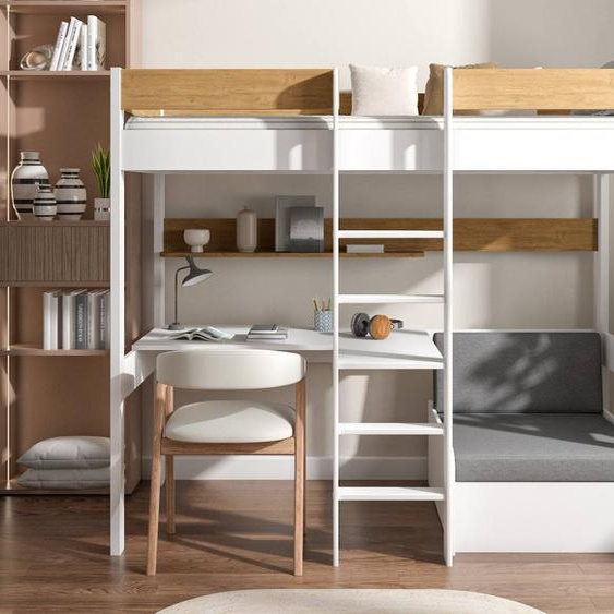 Lit Mezzanine Avec Bureau Et Fauteuil Solane Blanc/chêne